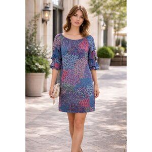 MSK Petite Womens Vibrant Multicolored Paisley Tunic Dress 3/4 Ruched Sleeves PM